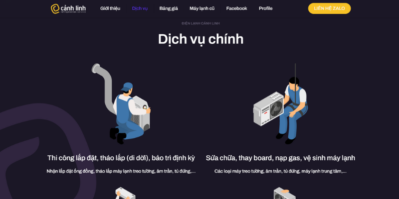 Mẫu thiết kế website Dịch vụ sửa chữa, bảo trì điện lạnh Cảnh Linh