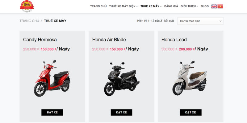 Mẫu Website Cho Thuê Xe Máy