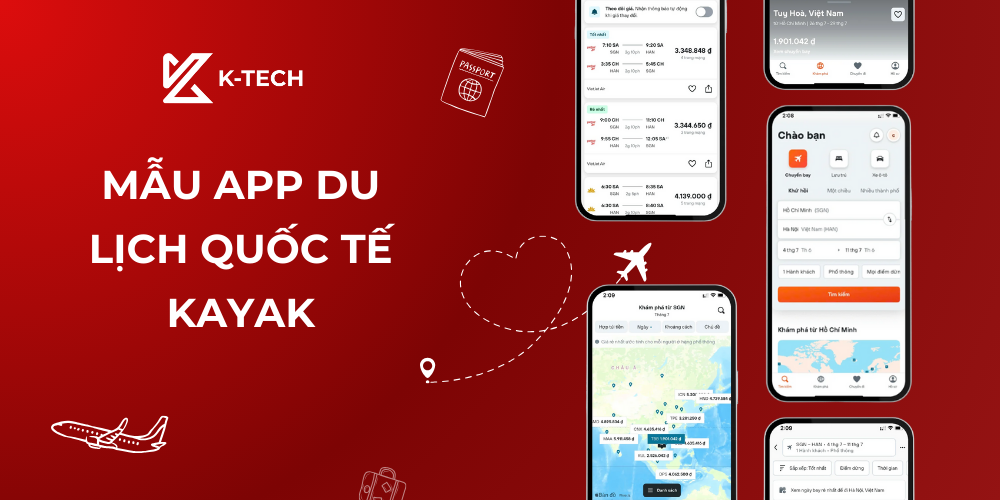 Mẫu app du lịch so sánh chuyến bay, thuê xe quốc tế Kayak